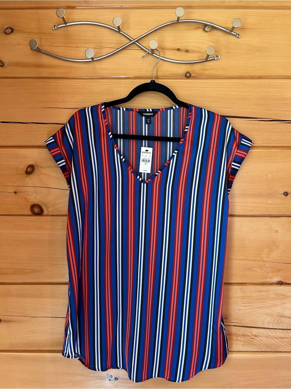 Express Women’s Red, Blue & White Striped V-Neck Blouse